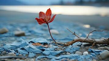 ein einsam rot Blatt auf ein felsig Strand mit ein Körper von Wasser im das Hintergrund generativ ai foto