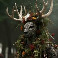 ein Mann gekleidet im ein Hirsch Kostüm mit Geweih auf seine Kopf generativ ai foto
