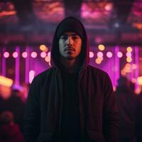 ein Mann im ein Kapuzenpullover Stehen im Vorderseite von Neon- Beleuchtung generativ ai foto