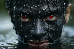 ein Mann mit ein schwarz Gesicht und rot Augen im das Wasser generativ ai foto