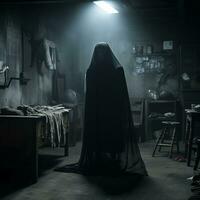 ein Person im ein schwarz Mantel Stehen im ein dunkel Zimmer generativ ai foto