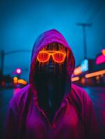 ein Person im ein Rosa Kapuzenpullover mit Neon- Brille generativ ai foto