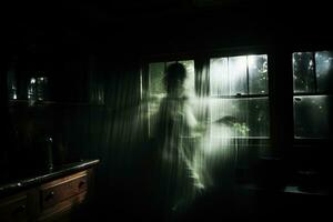 ein Person Stehen im Vorderseite von ein Fenster im ein dunkel Zimmer generativ ai foto