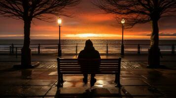 ein Person Sitzung auf ein Bank beim Sonnenuntergang generativ ai foto