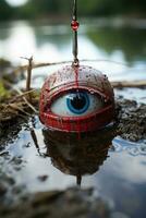 ein rot und Blau Auge schwebend im ein Pfütze von Wasser generativ ai foto