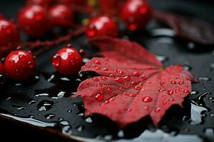 ein rot Blatt und Beeren auf ein schwarz Teller mit Wasser Tröpfchen generativ ai foto