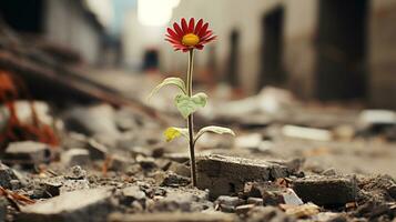 ein rot Blume ist wachsend aus von das Boden im das Mitte von ein Stapel von Schutt generativ ai foto