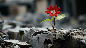 ein rot Blume ist wachsend aus von ein Riss im das Boden generativ ai foto