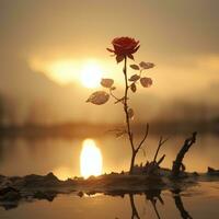 ein rot Rose ist Stehen im das Wasser beim Sonnenuntergang generativ ai foto