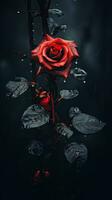 ein rot Rose im das Regen auf ein dunkel Hintergrund generativ ai foto