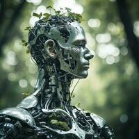 ein Roboter Kopf mit Pflanzen wachsend aus von es generativ ai foto