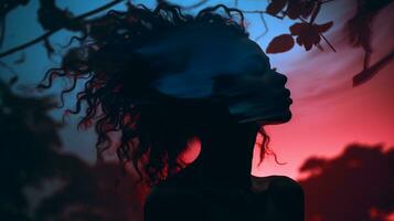 ein Silhouette von ein Frau mit lockig Haar im Vorderseite von ein rot und Blau Himmel generativ ai foto