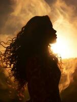ein Silhouette von ein Frau mit ihr Haar weht im das Wind generativ ai foto