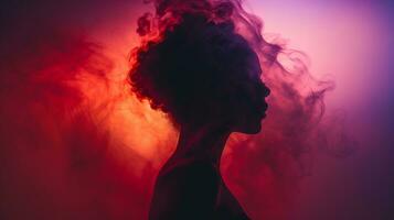 ein Silhouette von ein Frau mit Rauch Kommen aus von ihr Haar generativ ai foto