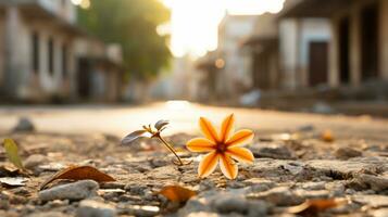 ein Single Orange Blume sitzt auf das Boden im Vorderseite von ein Gebäude generativ ai foto