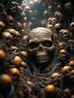 ein Schädel umgeben durch viele Schädel im ein dunkel Zimmer generativ ai foto