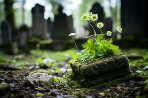 ein klein Grün Pflanze wachsend aus von ein Grabstein generativ ai foto