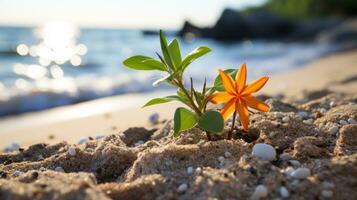 ein klein Orange Blume wachsend aus von das Sand auf das Strand generativ ai foto