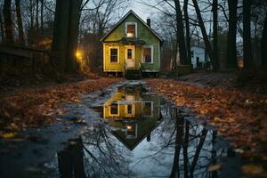 ein klein Haus ist reflektiert im ein Pfütze von Wasser generativ ai foto