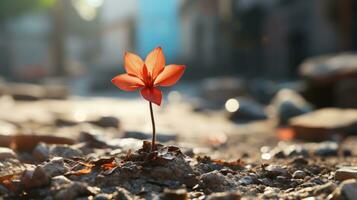 ein klein rot Blume ist wachsend aus von das Boden generativ ai foto