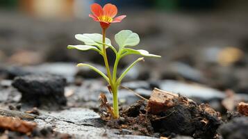 ein klein rot Blume ist wachsend aus von das Boden generativ ai foto