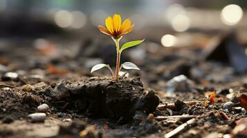 ein klein Gelb Blume ist wachsend aus von das Boden generativ ai foto