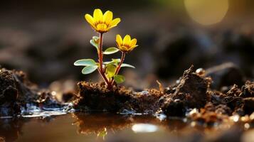 ein klein Gelb Blume ist wachsend aus von das Schlamm generativ ai foto