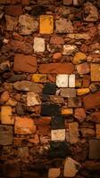 ein Stein Mauer mit viele anders farbig Steine auf es generativ ai foto