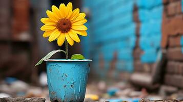ein Sonnenblume im ein Blau Vase generativ ai foto