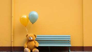 ein Teddy Bär Sitzung auf ein Bank Nächster zu ein Gelb Mauer generativ ai foto