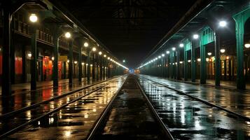 ein Zug Spur im ein Zug Bahnhof beim Nacht generativ ai foto