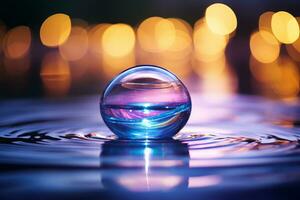 ein Wasser Ball schwebend im das Wasser mit Beleuchtung im das Hintergrund generativ ai foto