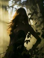 ein Frau im ein schwarz Kleid Stehen im das Wald generativ ai foto