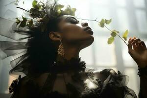 ein Frau im ein schwarz Kleid mit Blätter auf ihr Kopf generativ ai foto