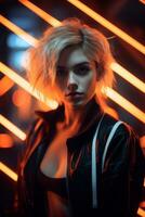 ein Frau im ein schwarz Leder Jacke mit Neon- Beleuchtung generativ ai foto