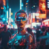 ein Frau im ein futuristisch Outfit Stehen im das Mitte von ein Stadt beim Nacht generativ ai foto