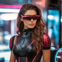 ein Frau im ein futuristisch Outfit mit futuristisch Brille generativ ai foto