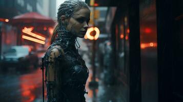 ein Frau im ein futuristisch Kostüm Stehen im das Regen generativ ai foto