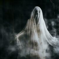 ein Frau im ein gespenstisch Weiß Kleid ist Stehen im das Rauch generativ ai foto