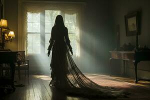 ein Frau im ein lange Kleid ist Stehen im ein dunkel Zimmer generativ ai foto