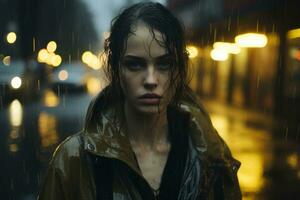 ein Frau im ein Regenjacke Stehen im das Regen beim Nacht generativ ai foto
