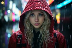 ein Frau im ein rot mit Kapuze Jacke im das Regen generativ ai foto