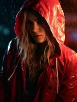 ein Frau im ein rot Regen Jacke Stehen im das Regen generativ ai foto