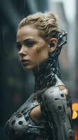 ein Frau im ein Roboter passen Stehen im das Regen generativ ai foto