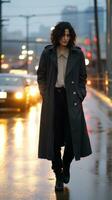 ein Frau im ein Graben Mantel Stehen auf ein nass Straße generativ ai foto