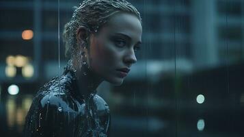 ein Frau im ein nass passen Stehen im das Regen generativ ai foto