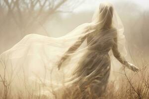ein Frau im ein Weiß Kleid ist Gehen durch ein Feld von hoch Gras generativ ai foto