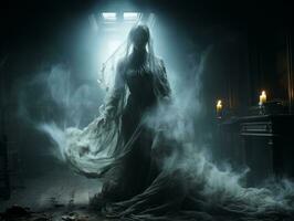 ein Frau im ein Weiß Kleid Stehen im ein dunkel Zimmer mit Rauch Kommen aus von ihr Haar generativ ai foto