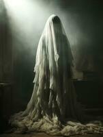 ein Frau im ein Weiß Kleid Stehen im ein dunkel Zimmer generativ ai foto