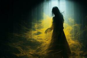 ein Frau im ein Gelb Kleid Stehen im ein dunkel Zimmer generativ ai foto